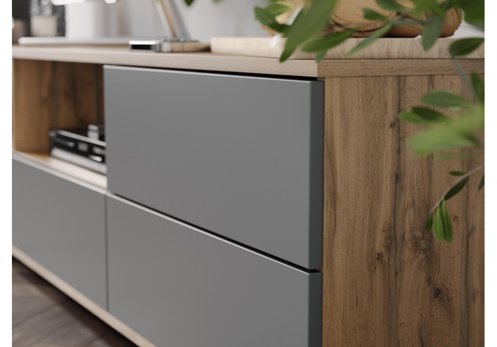 фото тв-тумба woodville маллоу дуб вотан / графит софт 563535 | 220svet.ru