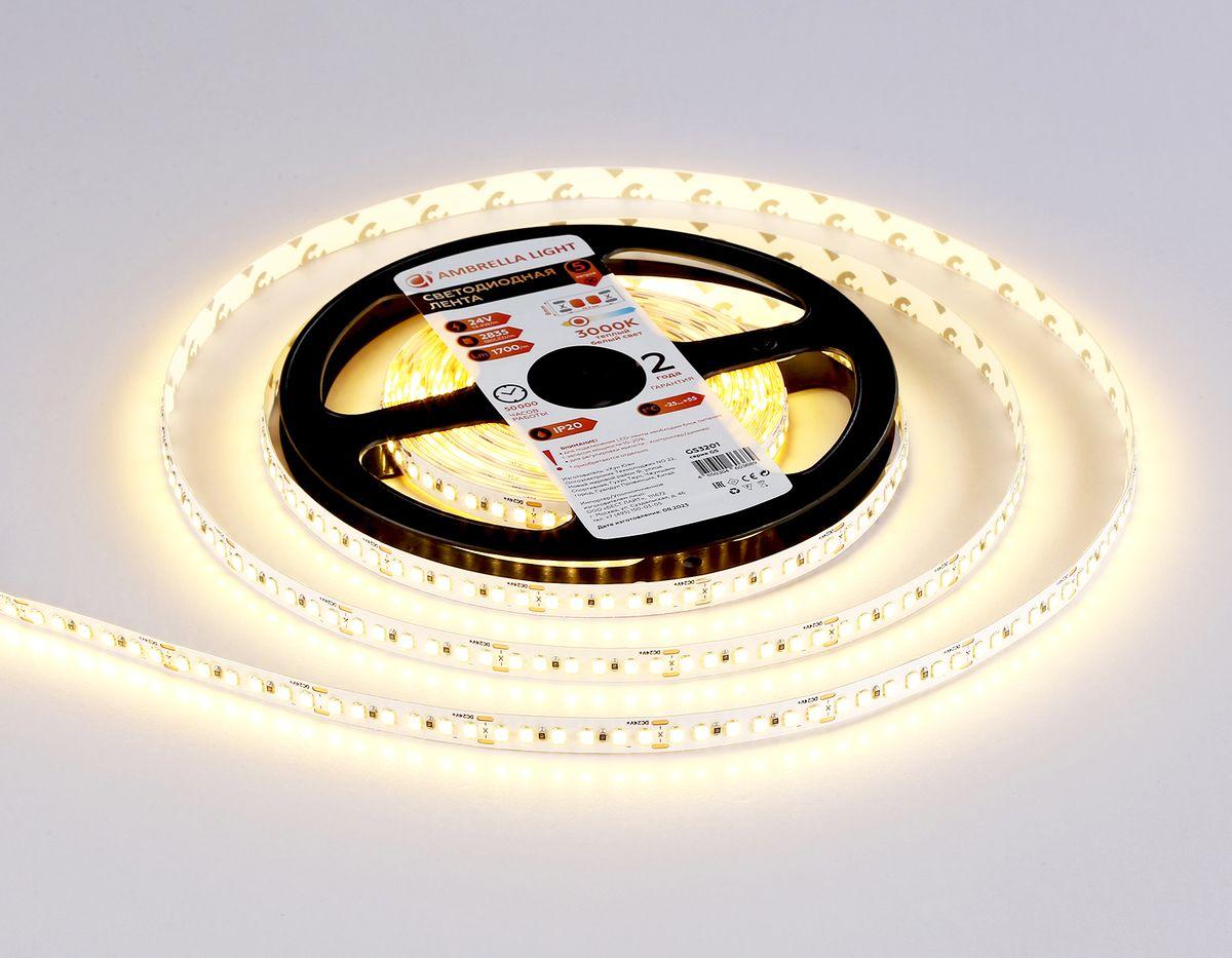 фото светодиодная лента теплый белый ambrella light 14,4w/m 180led/m 2835smd 3000к 5m gs3201 | 220svet.ru