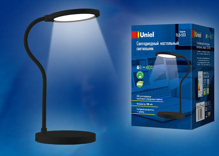 фото настольная лампа uniel tld-553 black/led/400lm/4500k/dimmer/usb ul-00003339 | 220svet.ru